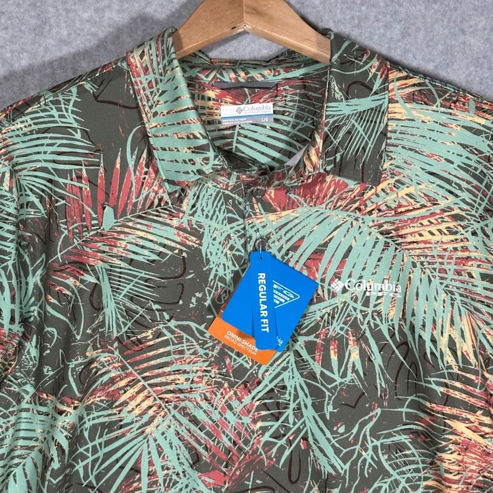 Columbia PFG Mens Super Slack Tide II Stretch Polo Tropical Palm Green L FM2209